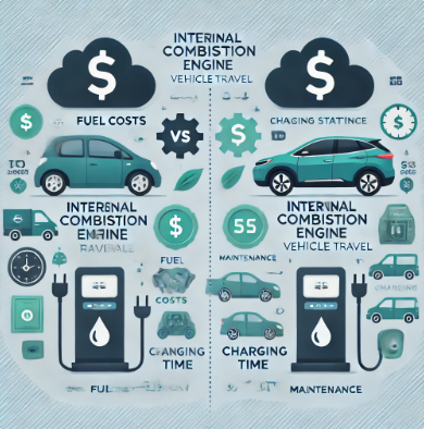 전기 자동차 여행과 내연기관 자동차 여행의 비용을 시각적으로 비교한 이미지입니다. 연료 비용, 유지보수 및 충전 시간을 강조하여 전기 자동차 여행과 관련된 절감 효과와 과제를 보여줍니다.