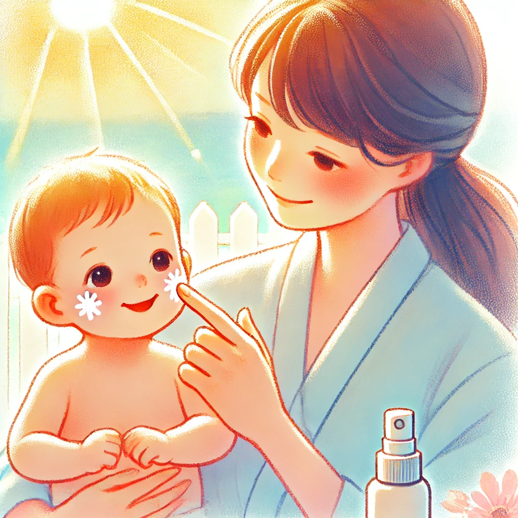 아기에게 선크림을 발라주는 엄마 이미지