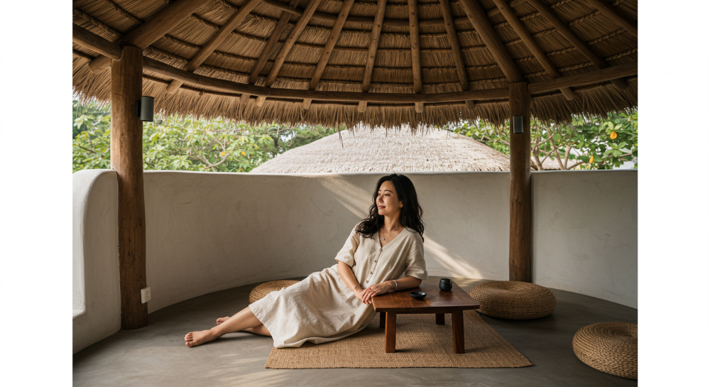 제주 이색 공간에서 조용히 휴식하는 한국인 여성