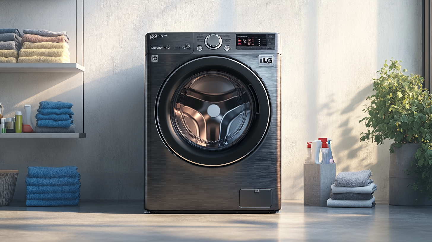 모던한 LG 트롬 드럼세탁기가 있는 미니멀한 세탁실 설정, 세련된 디자인과 기능이 강조된 모습의 고화질 사진