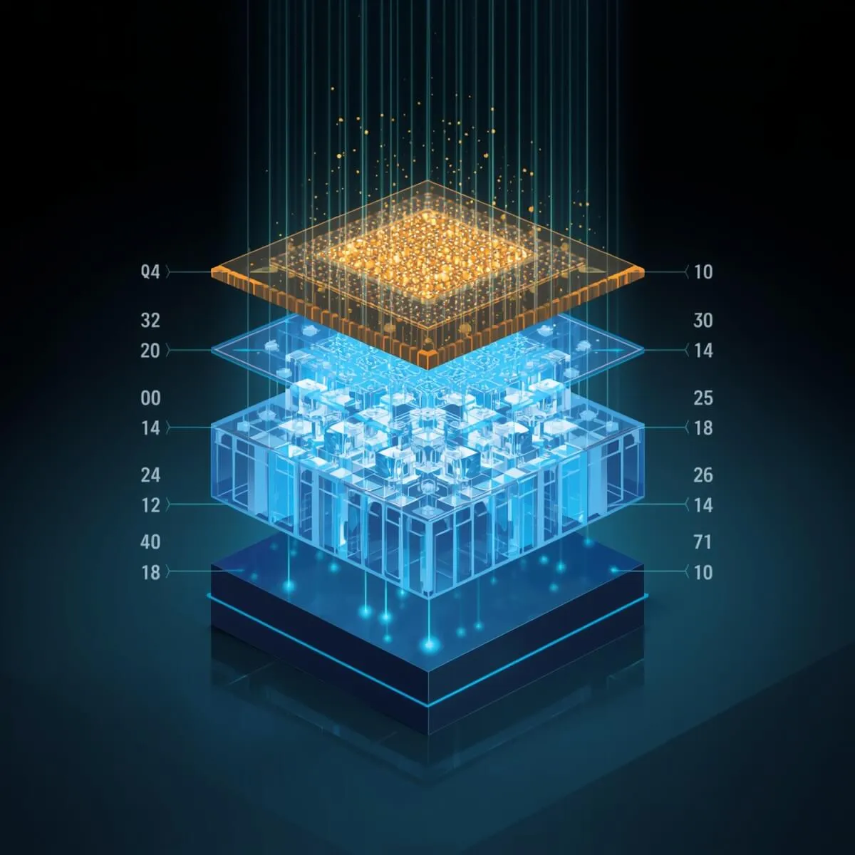 사이퀀텀(PsiQuantum):사이퀀텀 Omega 칩셋의 내부 구조를 보여주는 기술 단면도. 위에서 아래로 ①단일 광자 광원(99.8% 순도), ②실리콘 나이트라이드 도파로(99.999% 충실도), ③바륨 티타네이트 BTO 스위치(나노초급 스위칭), ④초전도 SNSPD 검출기(99.98% 충실도)가 배치되어 있으며, 시안색 빛줄기가 각 레이어를 통과하는 모습을 표현함 (PsiQuantum Omega chipset photon source waveguide BTO switch SNSPD detector architecture)