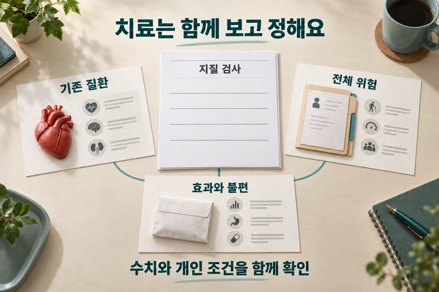 검사 결과와 개인 병력&middot;복용 상태가 함께 치료 판단으로 모이는 구성