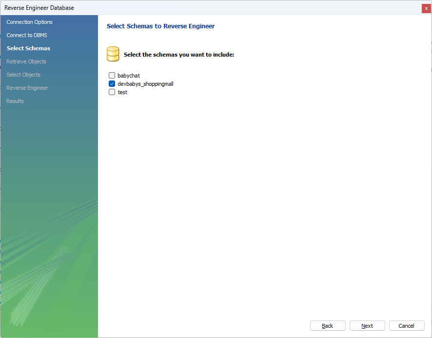 ERD를 추출할 데이터베이스 선택 예시 화면