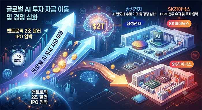 앤트로픽 IPO와 AI 반도체 자금 이동을 나타낸 인포그래픽.