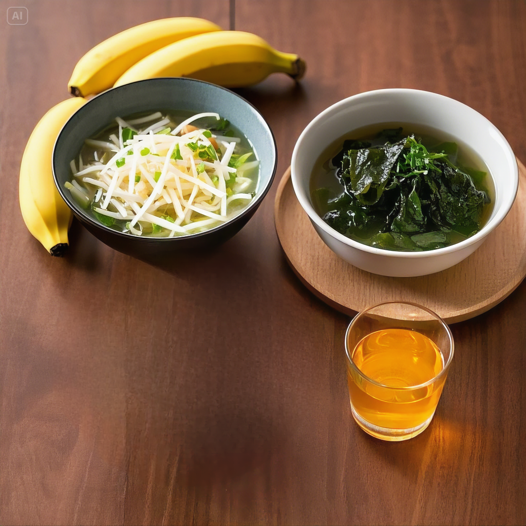 숙취 없이 술 즐기는 법! 다음날 개운하게 깨는 비결 5가지 관련 숙취 해소에 좋은 음식 콩나물국,미역국,꿀물,바나나 상차림 모습 사진