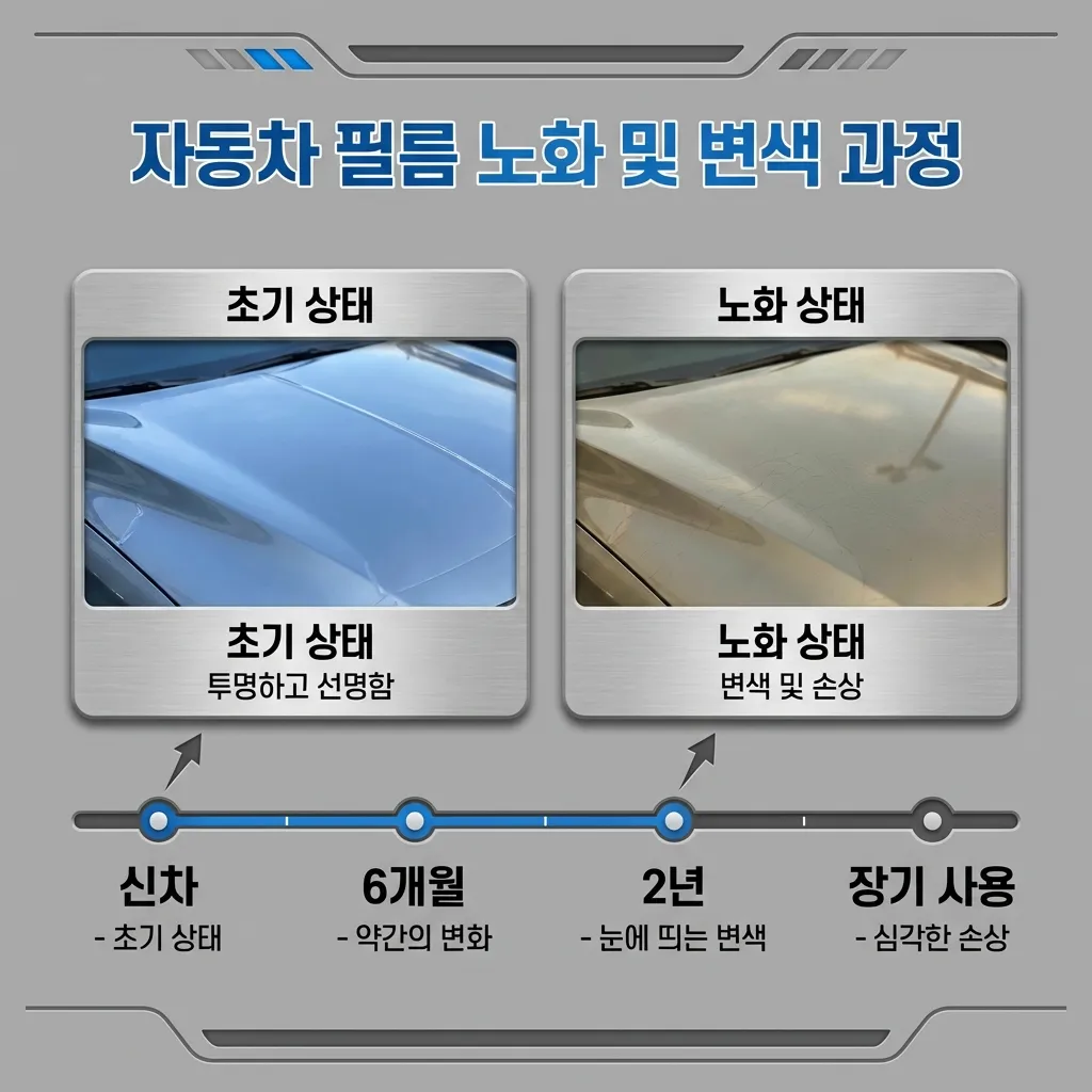 PPF 필름 황변 예시 사진 - 시공 후 5년 경과 상태