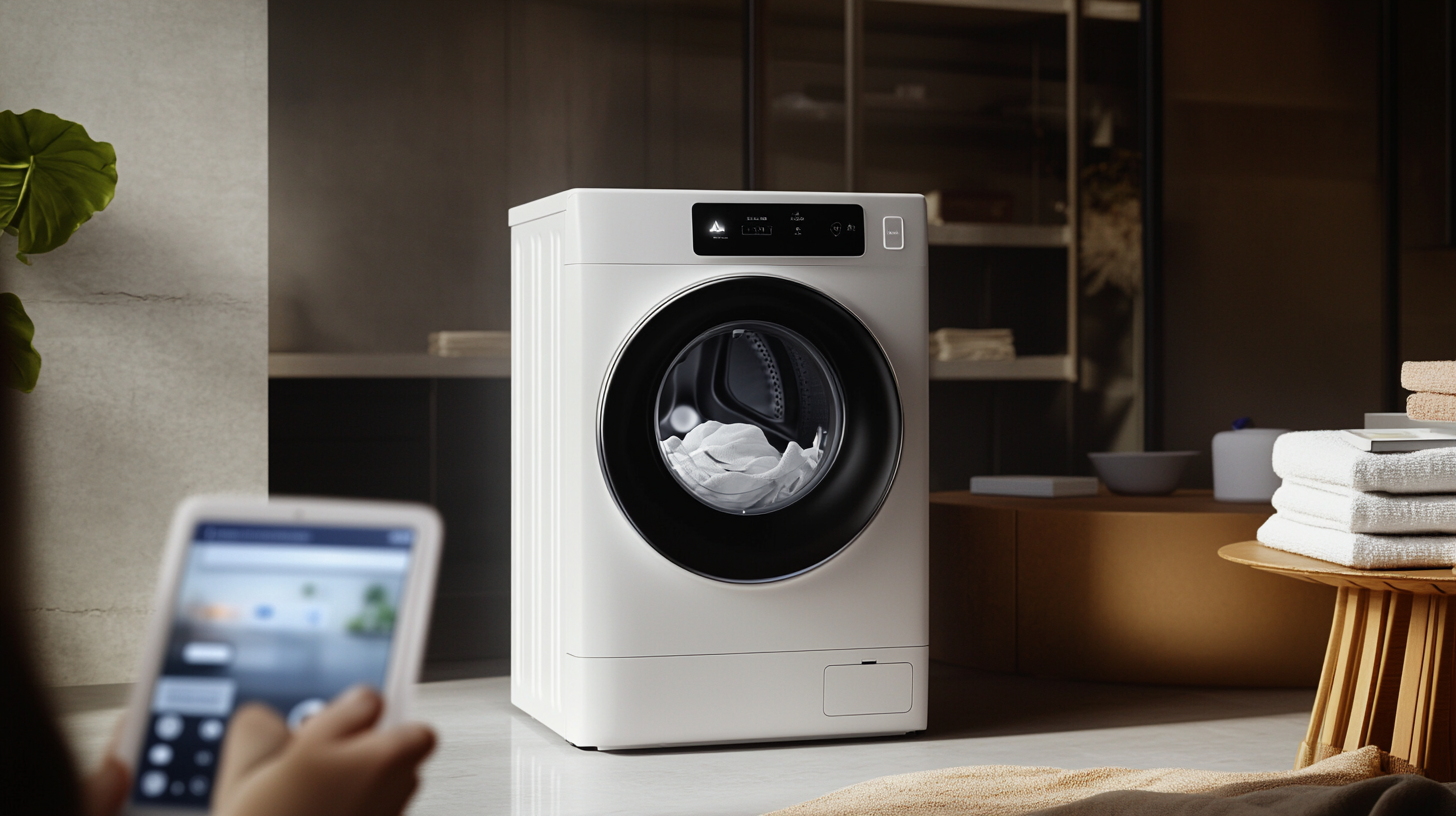 삼성 WD14F5K5ASG 세탁기와 SmartThings 앱의 상호작용을 통한 일상 생활의 편리함을 강조한 스마트홈 컨셉의 사진