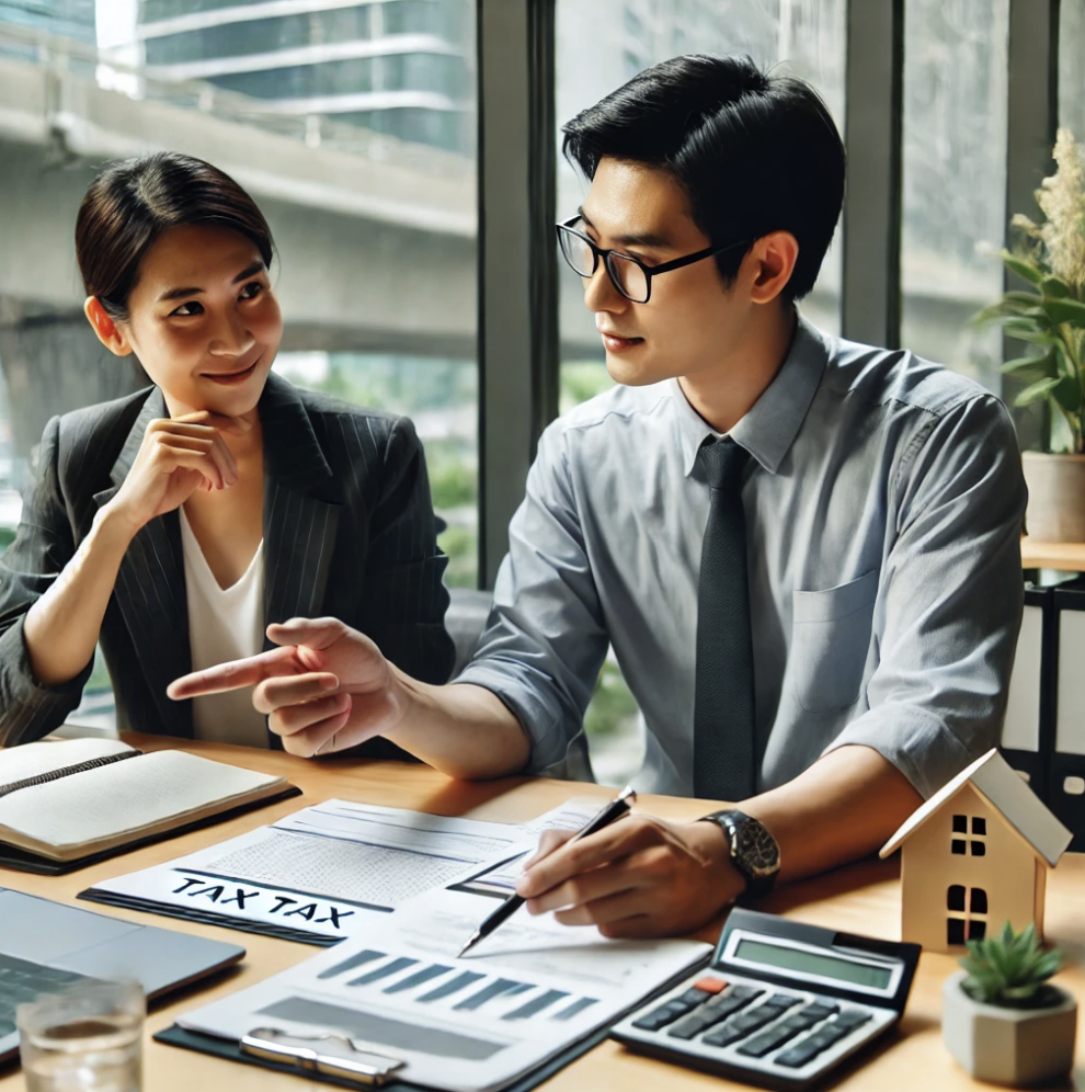 세무사가 기업 고객에게 재무 보고서를 가리키며 절세 전략을 설명하는 모습