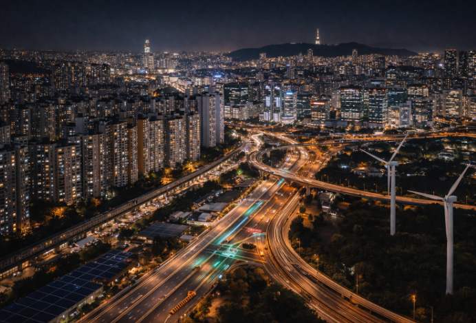 야경 속으로 뻗은 고속도로와 주변 고층 아파트, 도심 한가운데 자리한 풍력발전기들이 함께 어우러진 서울 도시 전경. 교통 인프라, 친환경 에너지, 도시 주거정책 변화를 상징하는 장면