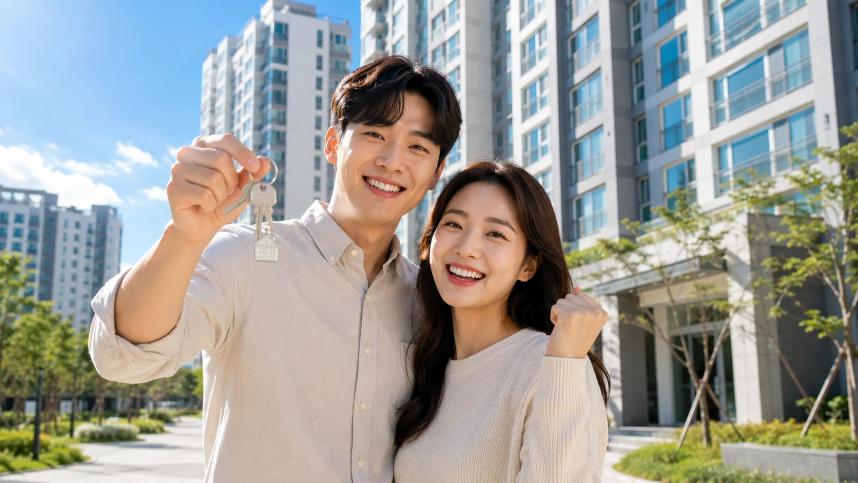 청년주택드림 디딤돌대출을 활용해 신축 아파트 앞에서 집 열쇠를 들고 내 집 마련에 성공한 청년 부부 모습