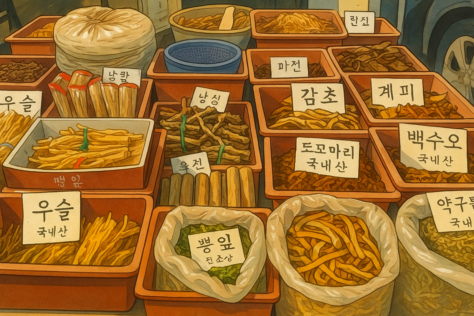 약재시장의 약재들