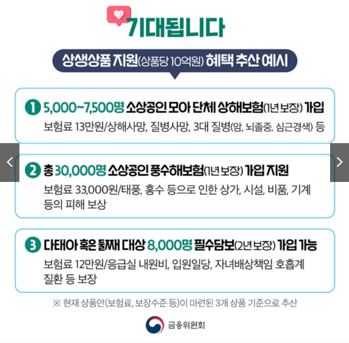 300억 상생기금 혜택 받으세요! 소상공인 무상보험 정리 (출처 : 금융위원회)