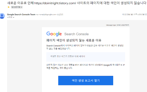 GSO 구글 서치 콘솔 팀에서 온 메일 한 통, 페이지 색인이 생성되고 있지 않습니다.