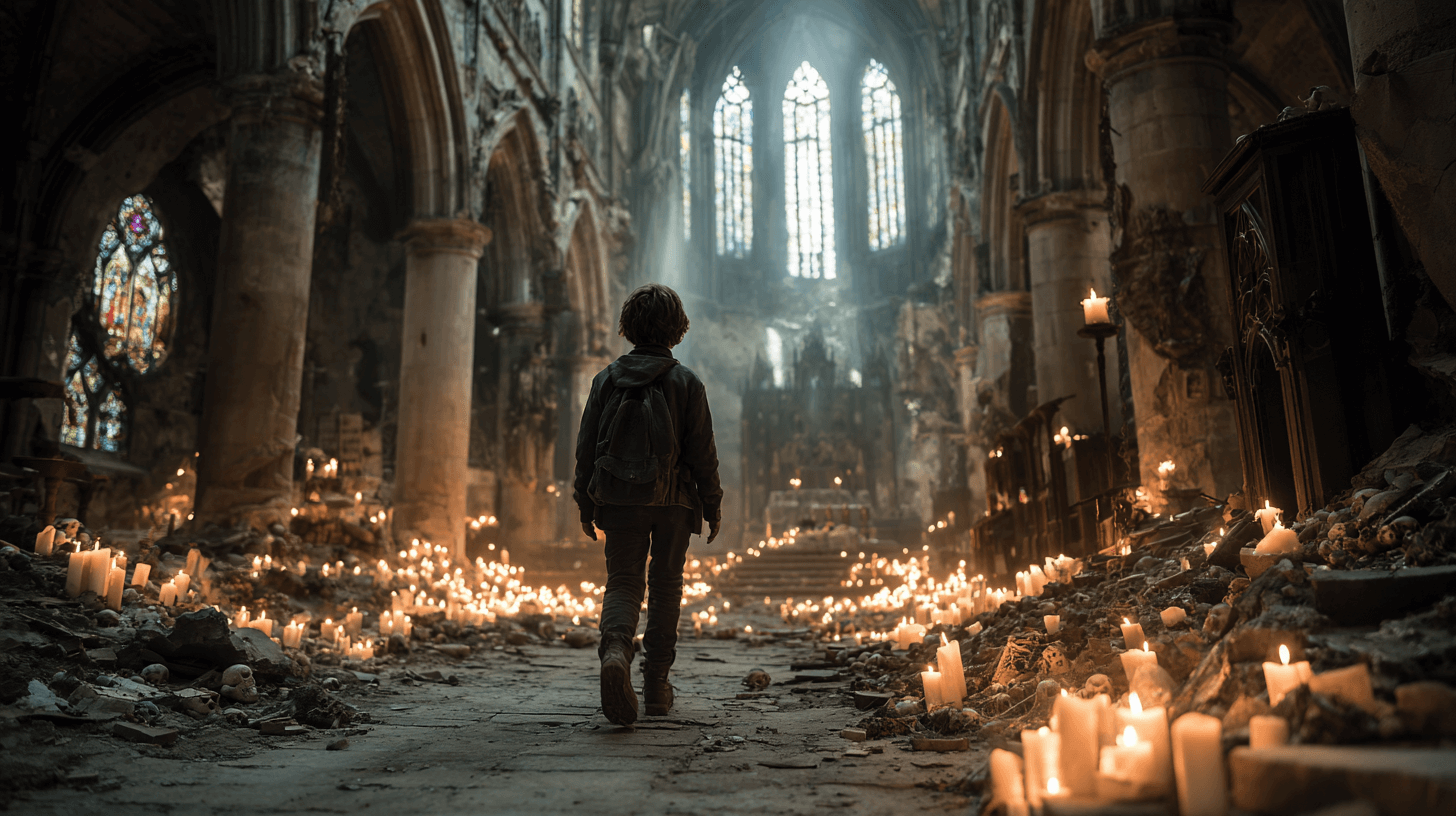 수십개의-촛불이-켜져있는-성당에-서-있는-사람