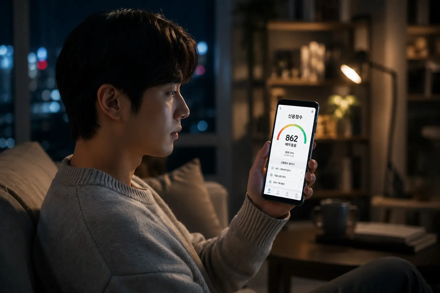 스마트폰으로 신용점수를 확인하는 사람