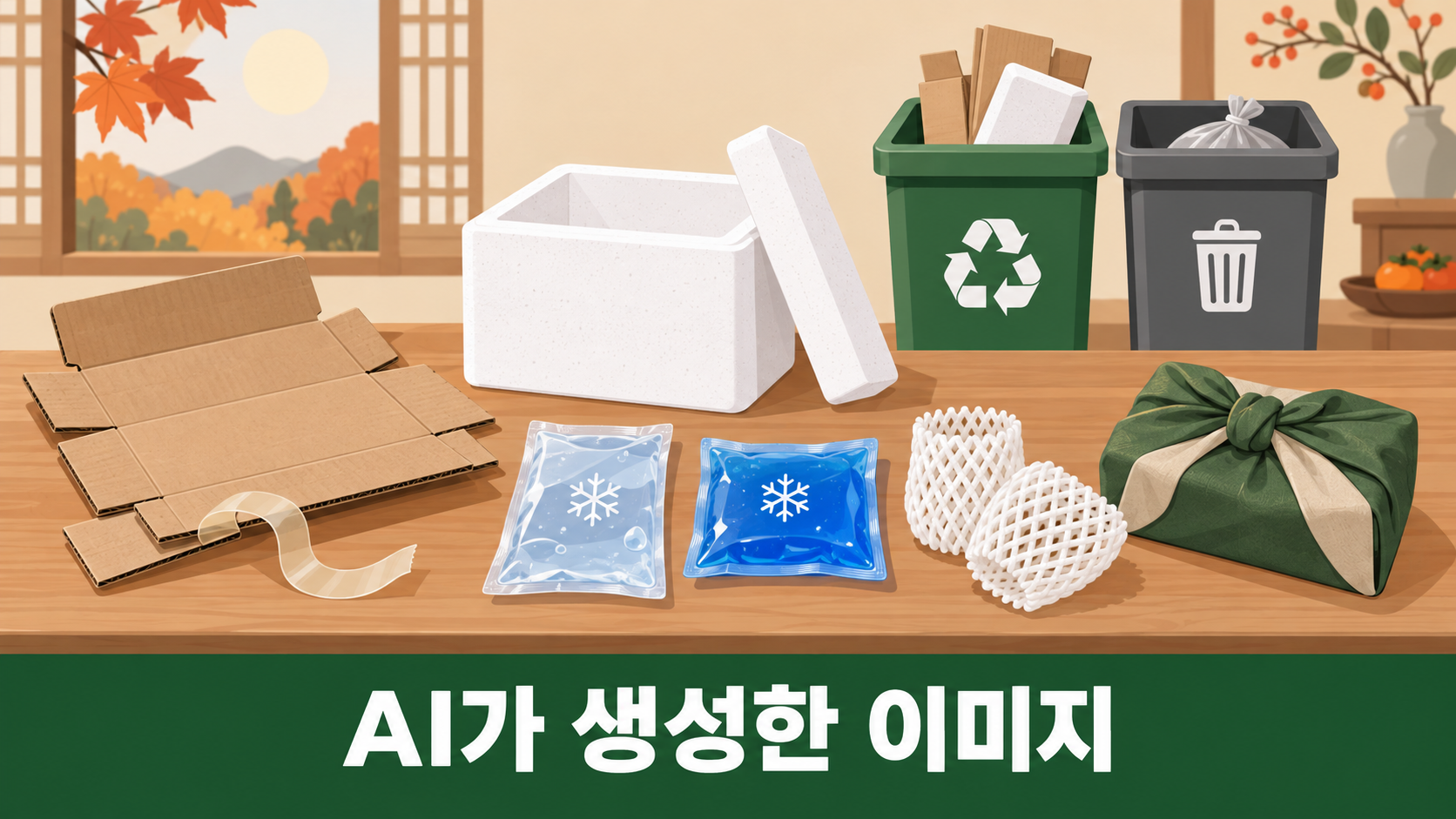 추석 선물 상자와 스티로폼, 아이스팩을 재활용과 일반쓰레기로 나누는 개념 일러스트