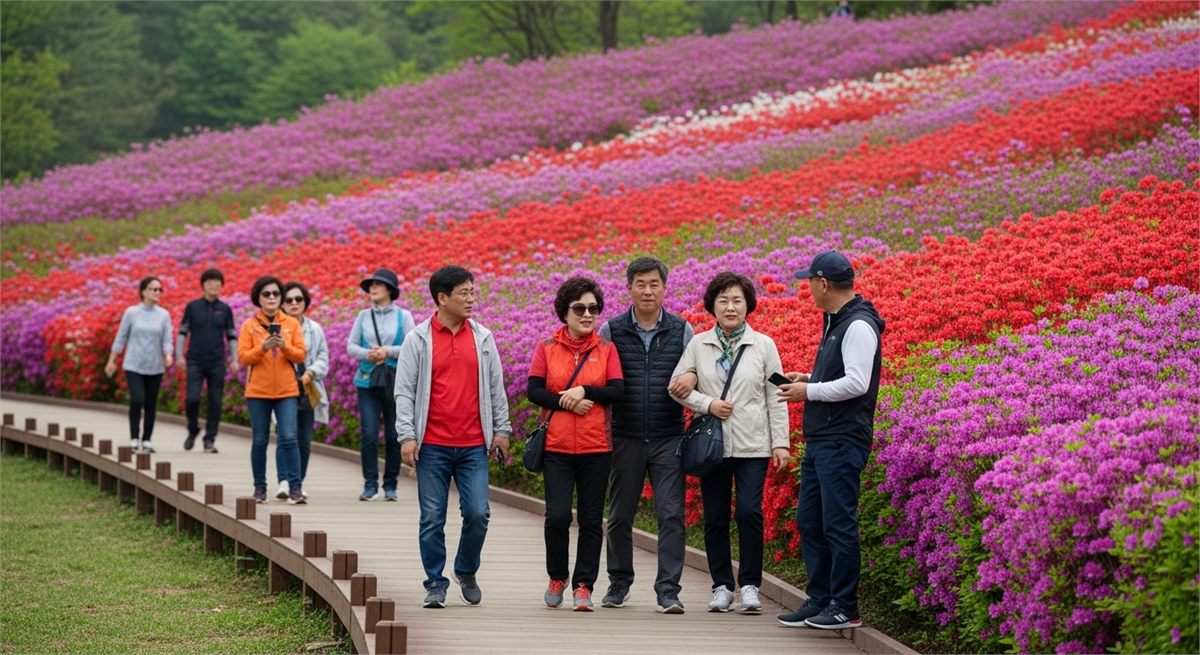 철쭉길 옆 데크를 천천히 걷는 방문객들의 모습 