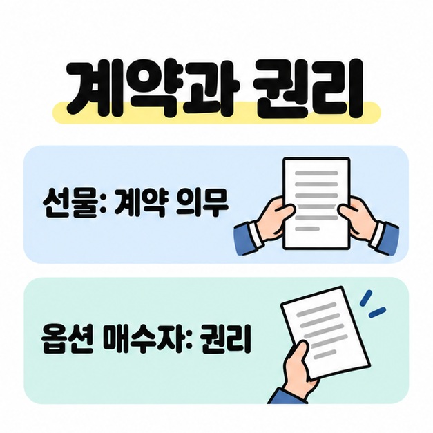 계약과 권리라는 제목 아래 문서를 잡은 손과 함께 선물의 계약 의무와 옵션 매수자의 권리를 비교한 그림