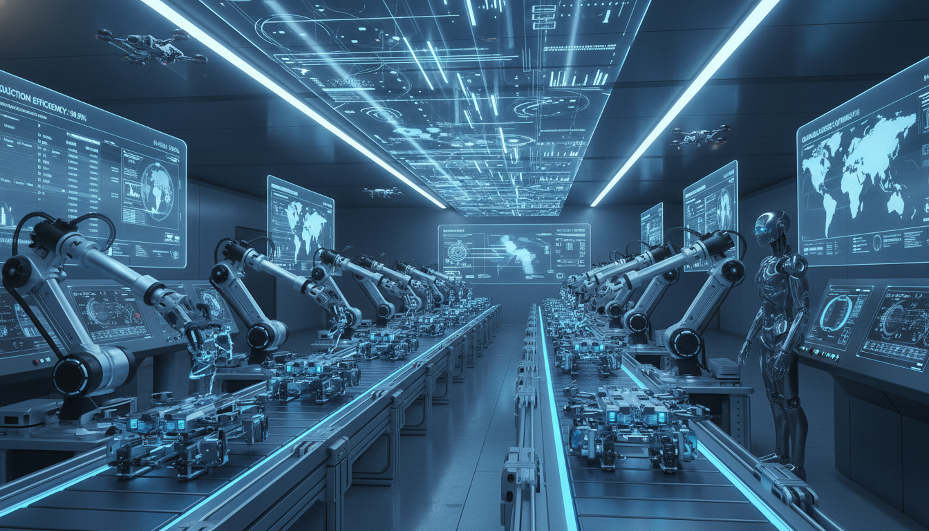 로봇과 AI가 복잡한 제조 공정을 관리하는 미래형 공장 내부. 효율적으로 움직이는 컨베이어 벨트와 실시간 데이터를 보여주는 디지털 화면들. 공급망의 기술 혁신과 자동화를 강조.
