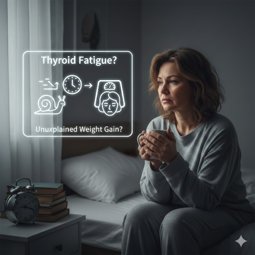 어두운 방 침대에 앉아 걱정스러운 표정으로 컵을 들고 있는 중년 여성이 있고, 옆에는 'Thyroid Fatigue?(갑상선 피로?)', 'Unexplained Weight Gain?(이유 없는 체중 증가?)'라는 영문 텍스트와 달팽이, 시계, 체중계 아이콘이 포함된 네온 사인이 떠 있는 모습.