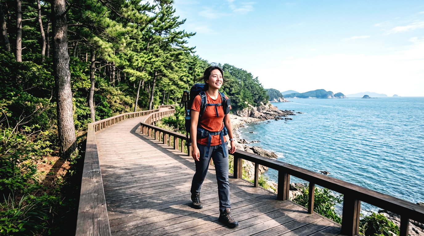 푸른 서해 바다와 솔숲을 옆에 두고 부안 변산마실길 4코스 데크길을 걷고 있는 여행자의 모습
