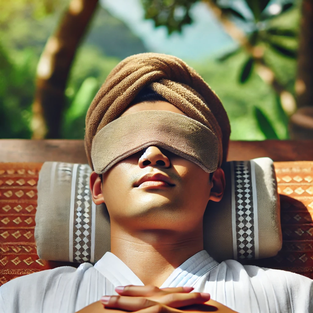 "편안하게 누워서 눈 위에 따뜻한 수건을 얹고 긴장을 푸는 사람"