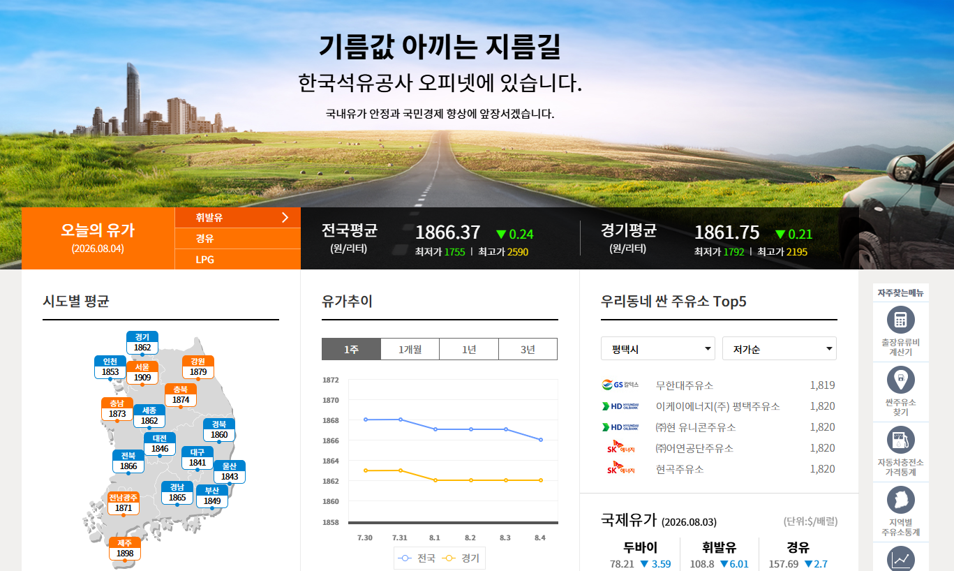 오피넷 유가조회 홈페이지 바로가기 (https://www.opinet.co.kr/)