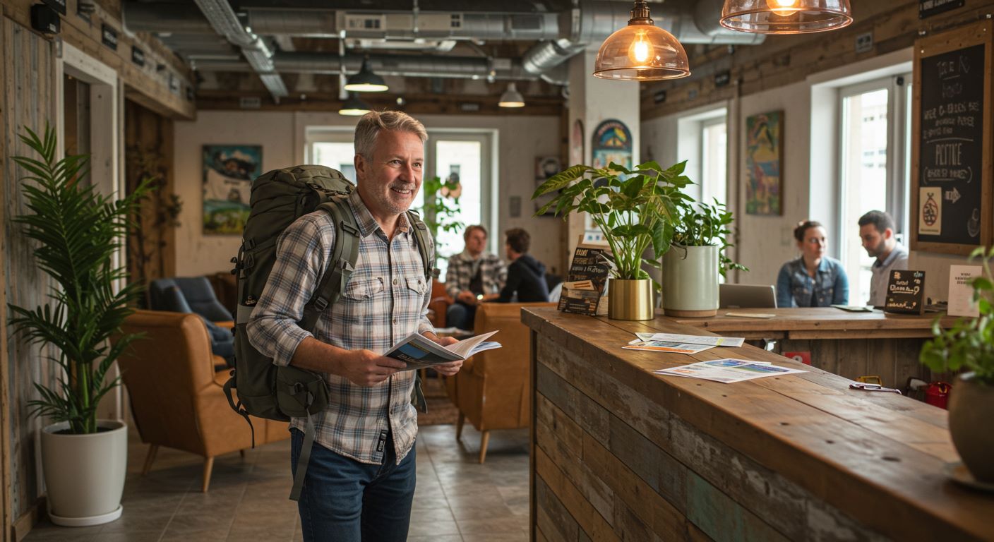 호스텔에 들어가는 남자 사진