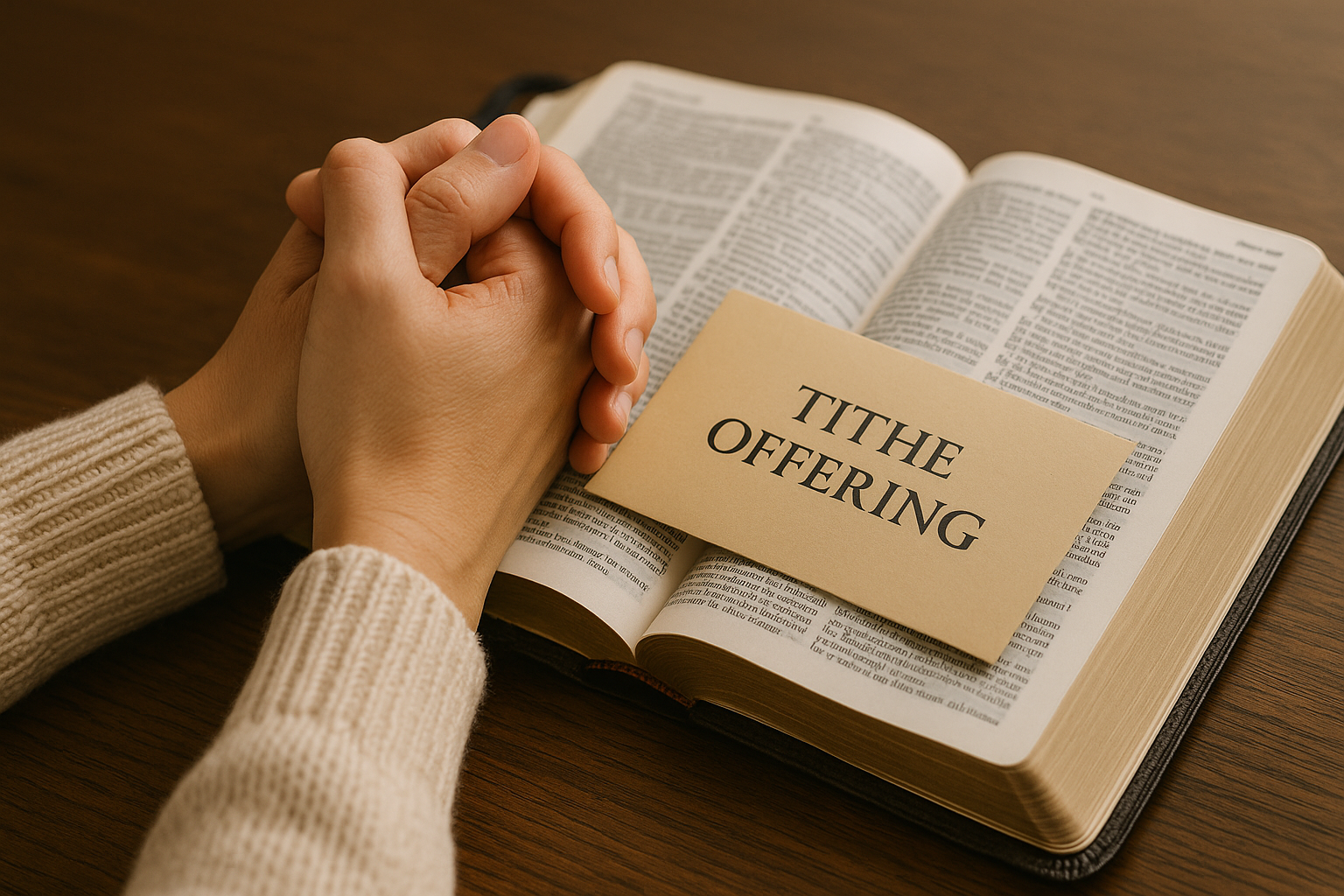 “성경책 위에 놓인 헌금 봉투와 두 손을 모아 기도하는 모습. 하나님께 드리는 감사와 헌신을 상징하는 장면”