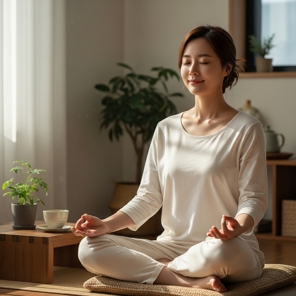 평화로운 집에서 명상하며 코르티솔 수치를 관리하는 젊은 한국 여성의 모습