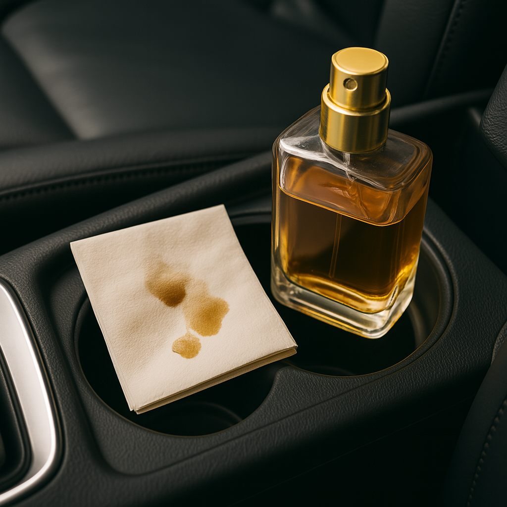 차량 컵홀더 위에 향수병과 향수가 스며든 휴지가 함께 놓인 모습