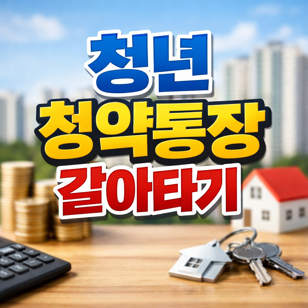 청년 청약통장 갈아타기 문구와 아파트 배경, 동전 더미·집 모형·열쇠가 놓인 주택금융 콘셉트 이미지