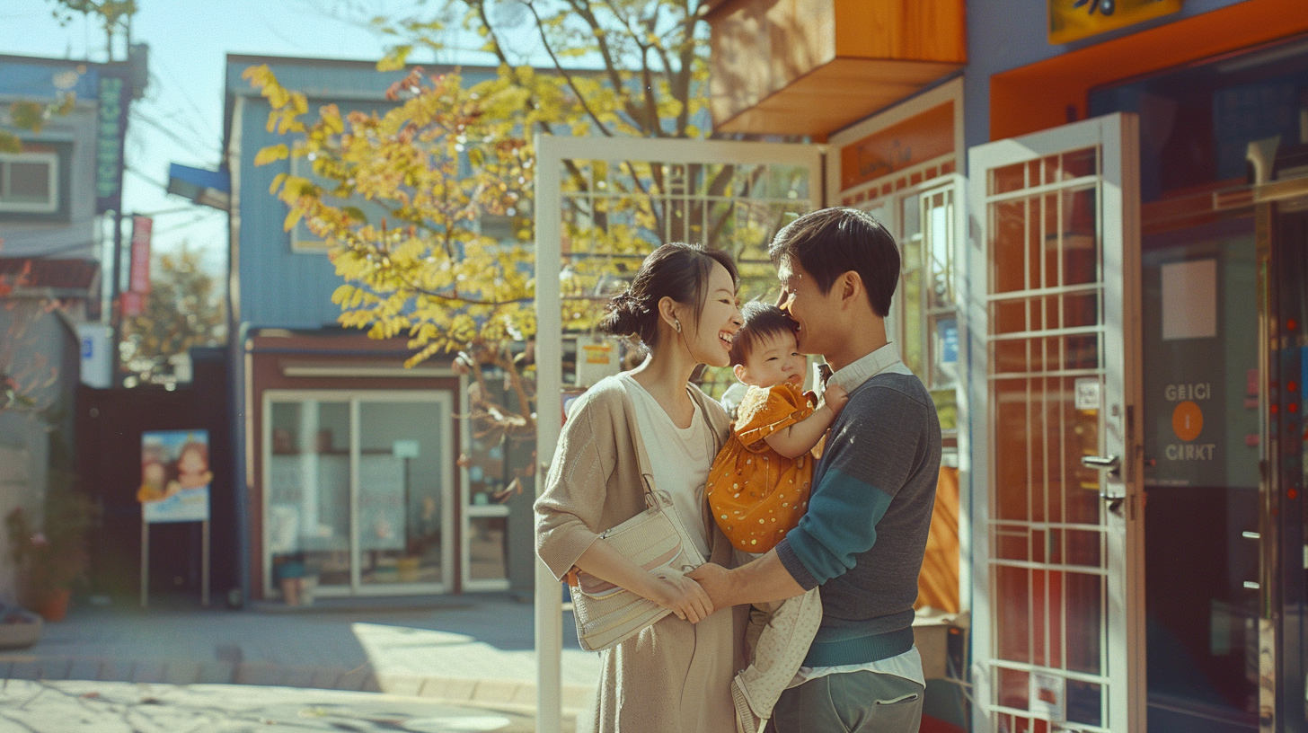 30대 한국 부부가 어린이집 입구 앞에서 아이 손을 잡고 서 있는 장면