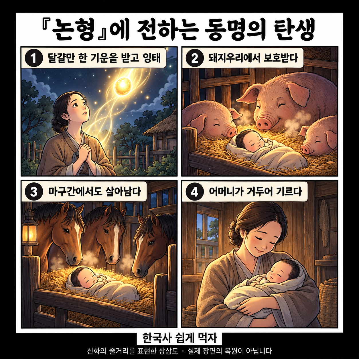 논형에 전하는 동명의 잉태와 돼지우리&middot;마구간의 보호, 어머니의 양육