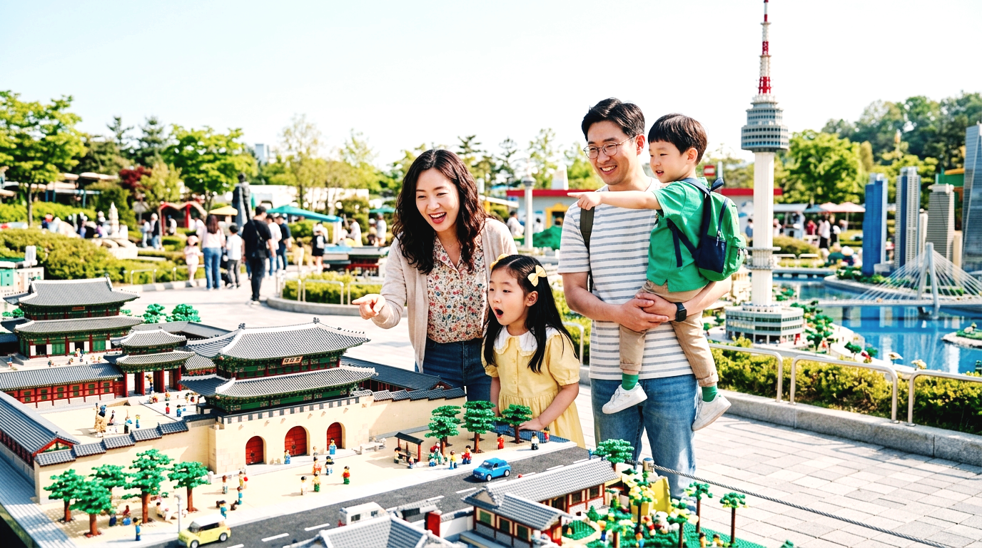 레고로 만든 한국의 도시 풍경(미니랜드)을 구경하는 관람객들