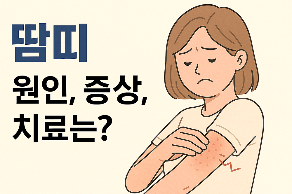 땀띠로 불편한 표정을 하고 있는 여성이 그려져 있습니다.