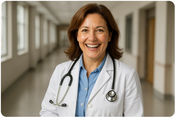 활기찬 미소의 중년 여성 의료인 모습