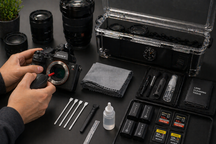 카메라 청소 도구와 보관 장비가 정리된 관리 이미지