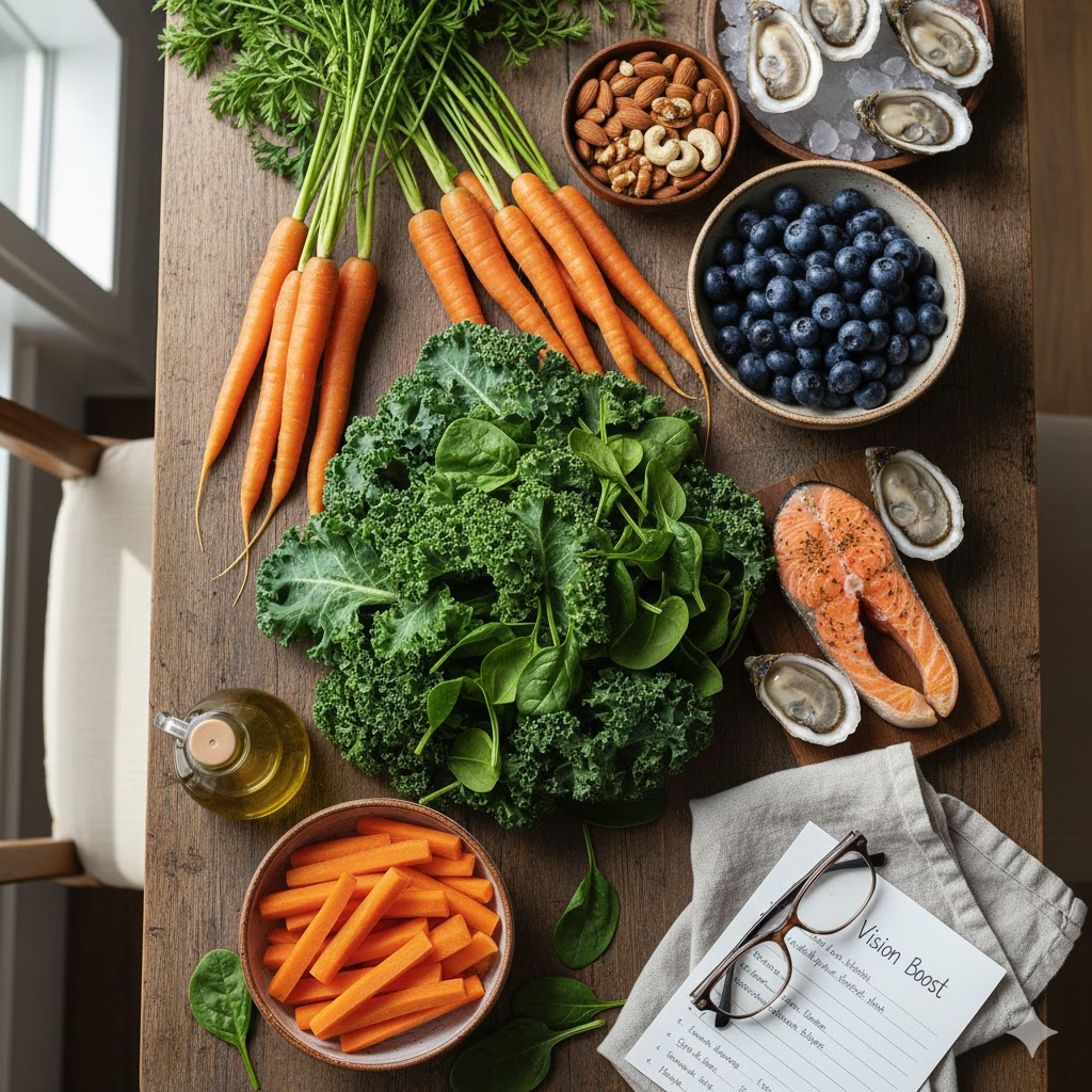 눈 건강에 좋은 알록달록한 슈퍼푸드들. 시금치의 초록, 당근의 주황, 블루베리의 보라색이 식탁을 건강하게 채우는 모습