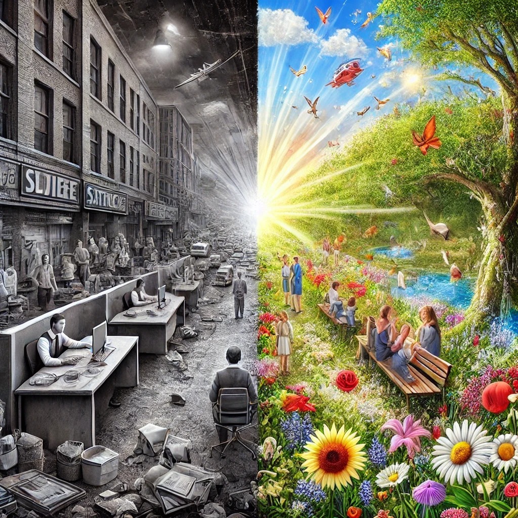 한 면은 회색조로, 평범한 것, 다른 한 면은 생생한 색상으로 가득 차서 모든 순간이 기적으로 소중히 여겨지는 세상