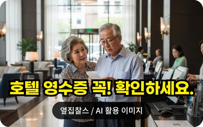호텔 로비에서 영수증을 확인하는 노부부