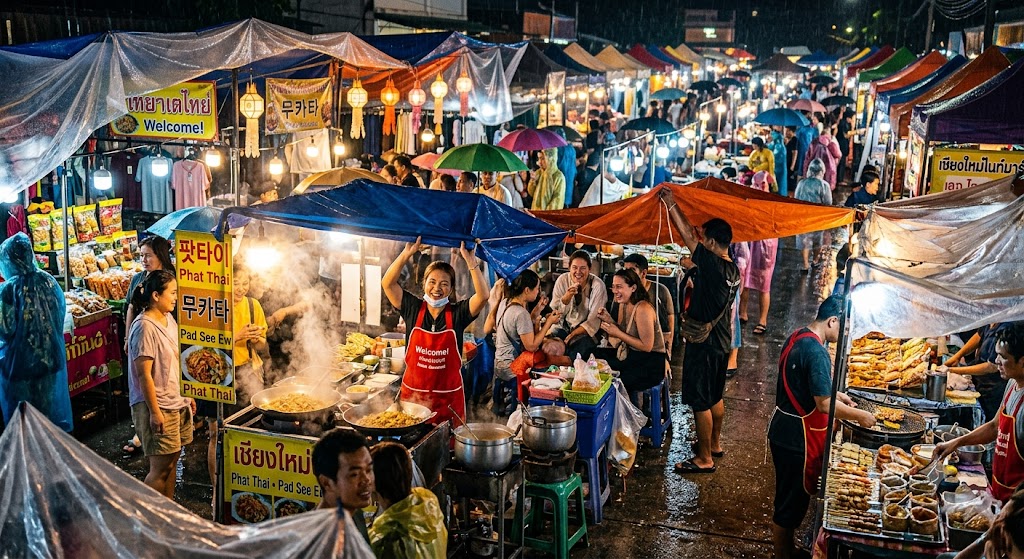 비 내리는 치앙마이 올드시티 골목의 노점 천막과 풍경