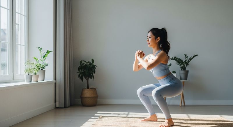 Korean woman doing squats exercise for healthy lifestyle and blood sugar management