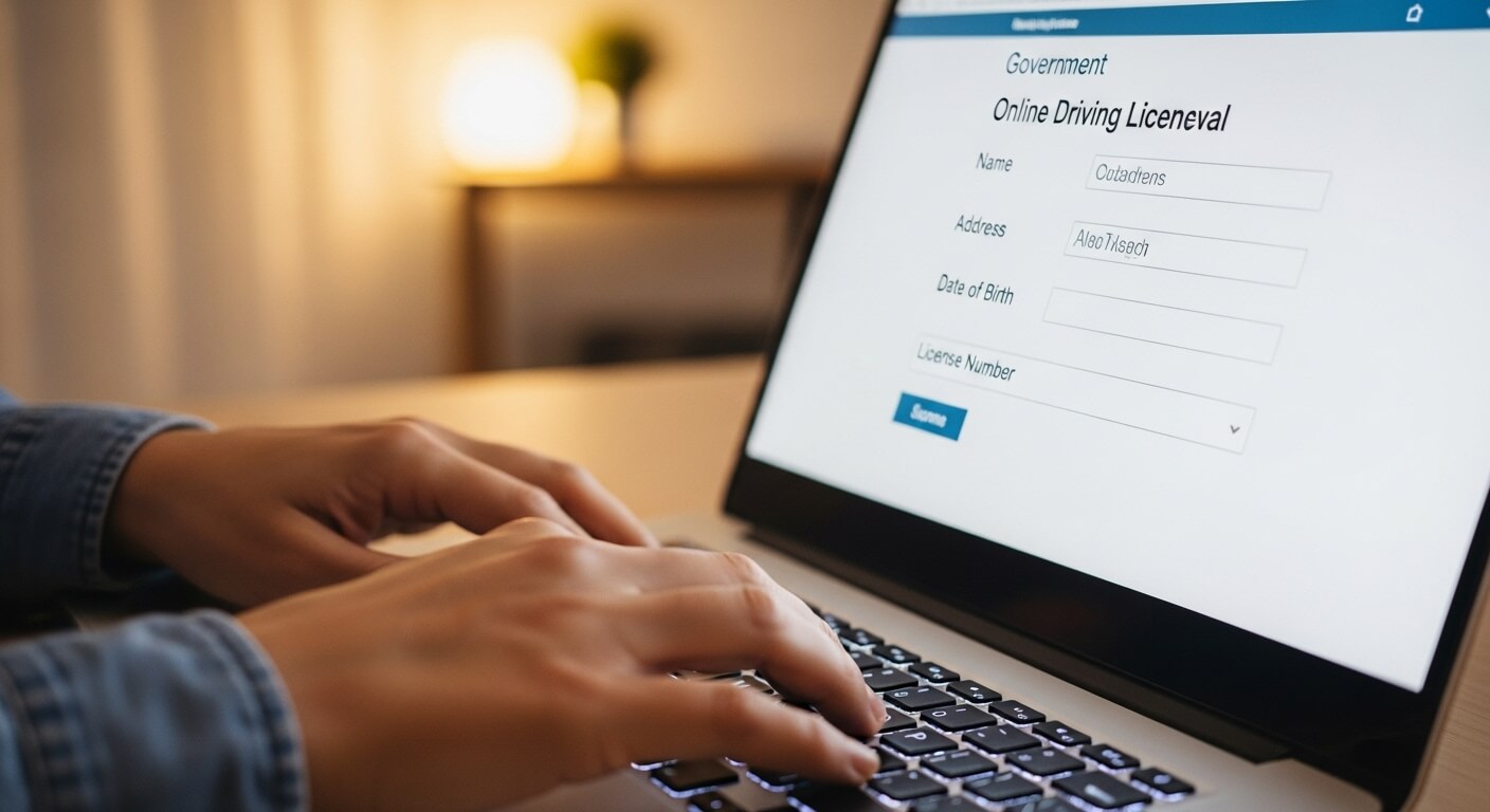 온라인 운전면허 갱신 신청서를 노트북에 입력하는 손