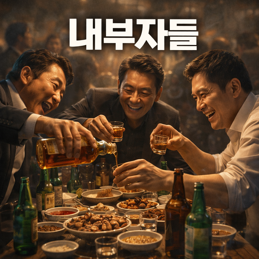 술집에서 흥청망청 마시고 있는 남자들 사진. 영화제목 내부자들 문구 삽입되어 있음.