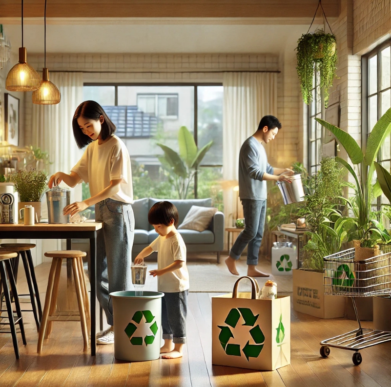 아빠와 엄마와 아기가 친환경으로 집안에서 생활하는 모습