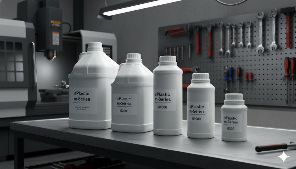 삼양플라스틱 m-시리즈 용기(M4000, M2000, M1000, M500)가 'sPlastic m-Series' 라벨을 부착하고, 깔끔하게 정돈된 산업용 작업장 테이블에 놓여 있습니다. M250 용기는 가려져 있으며, 라벨에는 각 모델명과 'Heavy Duty Industrial Grade' 등의 문구가 기재되어 산업용 세척제, 윤활유, 첨가제 용기로서의 견고함과 전문성을 강조합니다.