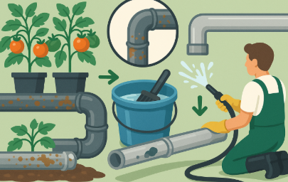 수경재배용 양액 배관을 세척하는 과정을 단계별로 보여주는 평면 일러스트로, 작업자가 고압 세척기를 사용해 파이프 내부를 청소하고 세정 도구와 식물 배관 구조가 함께 표현된 이미지