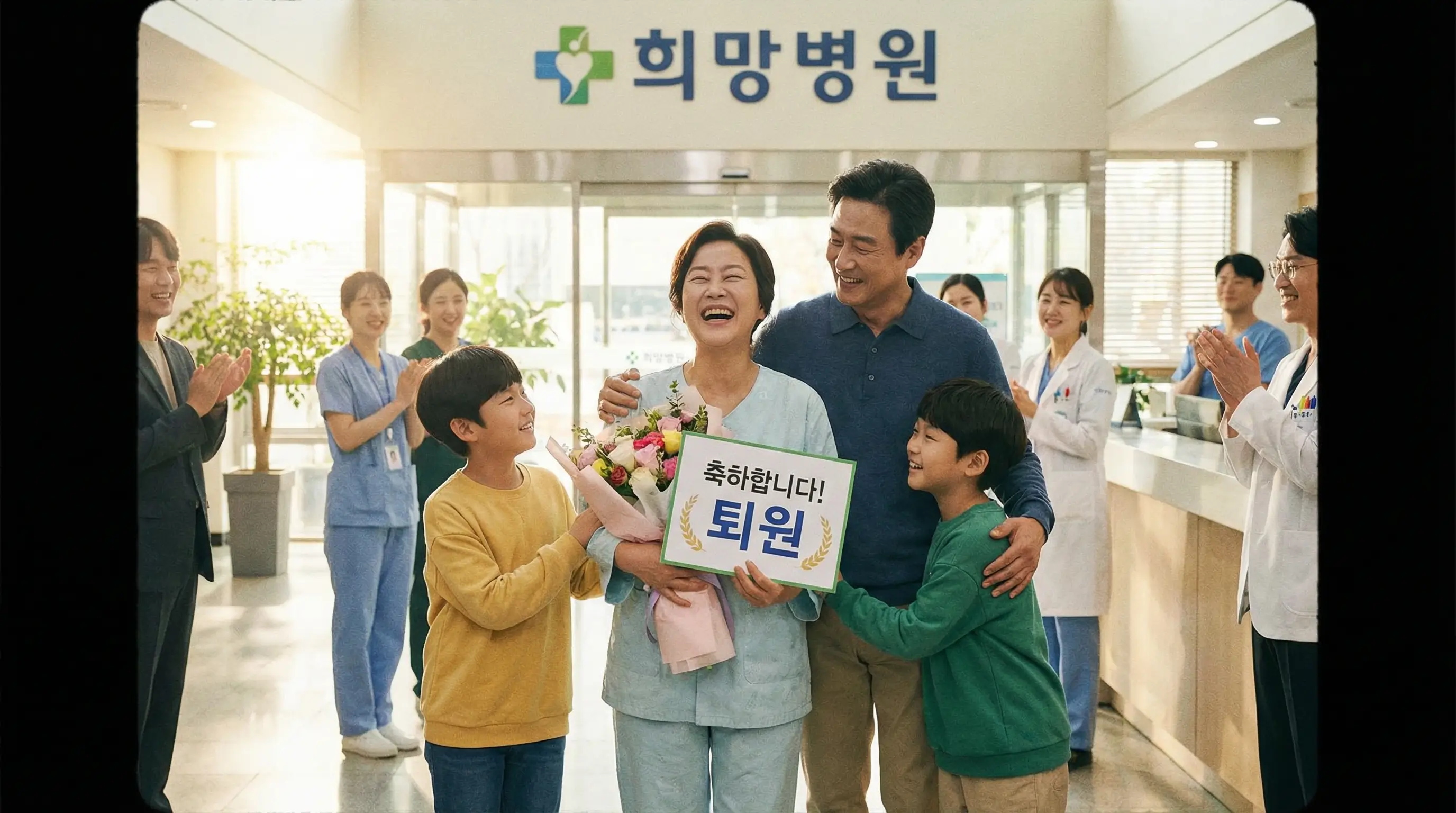 건강을 회복한 환자가 밝은 표정으로 퇴원하며 가족과 함께 웃고 있는 희망적인 모습