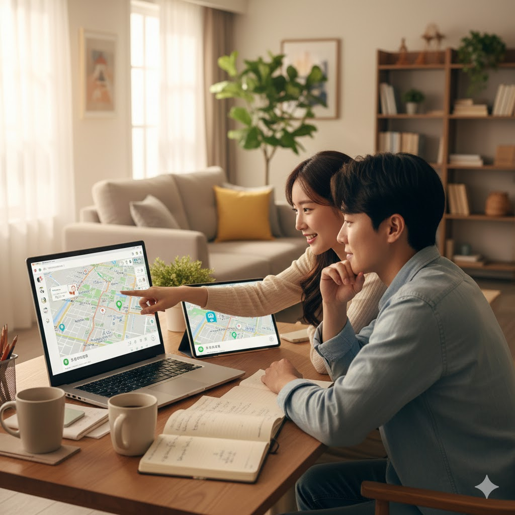 신혼부부가 거실에서 노트북 화면을 보며 지도 앱으로 신혼집 주변 입지를 분석하고 있는 모습